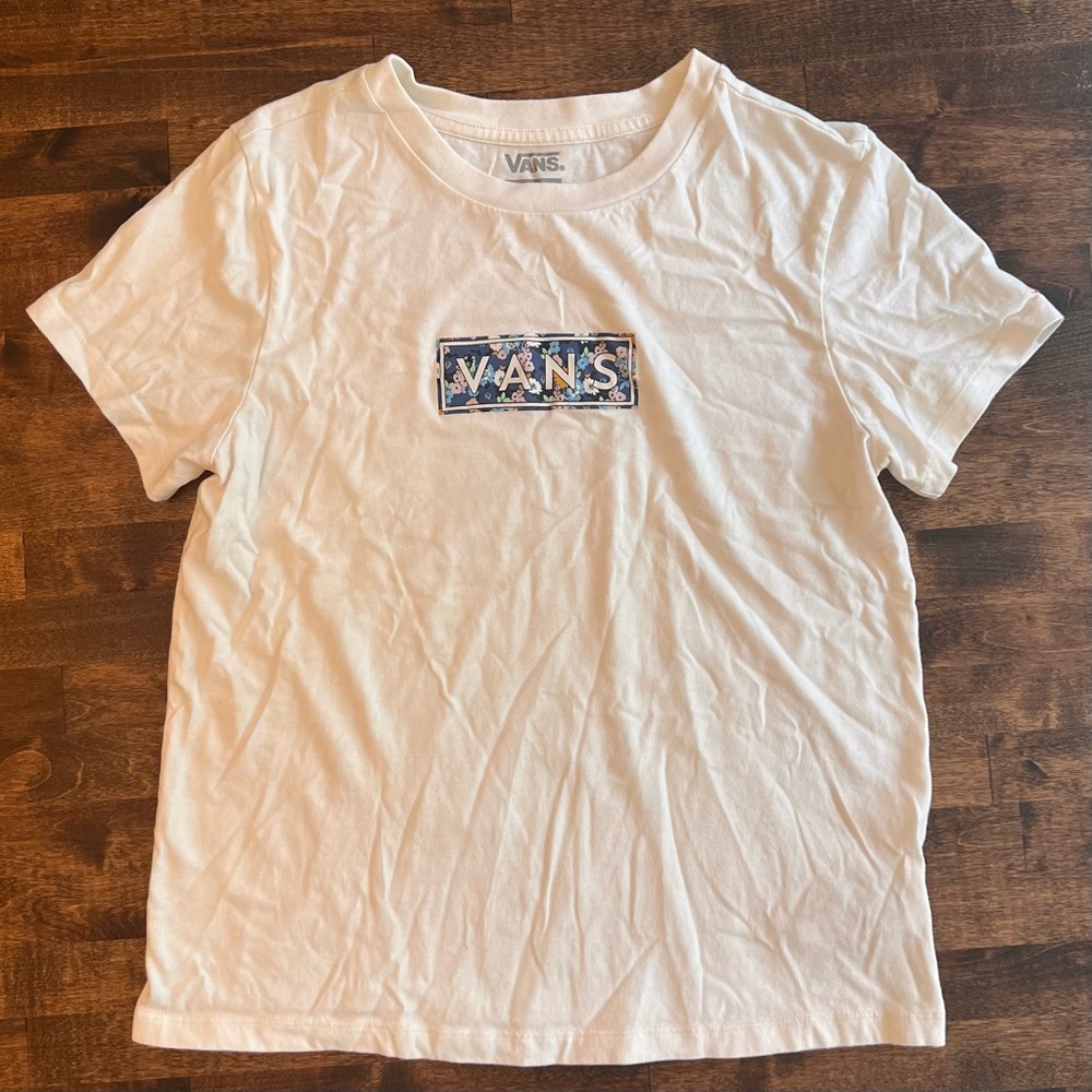 Vans White Short Sleeve Tee with Blue Floral Logo Patch